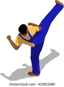 Street fighter kicking with a leg to head. African fat man in a blue overalls and a yellow t-shirt. 3d flat isometric.