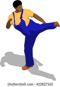 Street fighter kicking with a leg to head. African fat man in a blue overalls and a yellow t-shirt. 3d flat isometric.