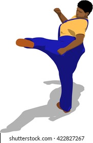 Street fighter kicking with a leg to head. African fat man in a blue overalls and a yellow t-shirt. 3d flat isometric.