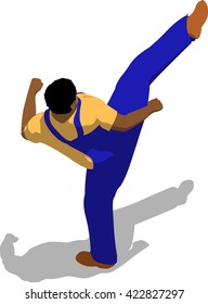 Street fighter kicking with a leg to head. African fat man in a blue overalls and a yellow t-shirt. 3d flat isometric.