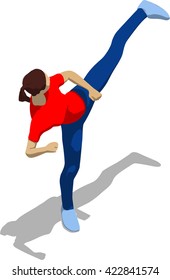 Street fighter kicking with a leg to head. Young athletic woman in red t-shirt and blue tights. 3d flat isometric.