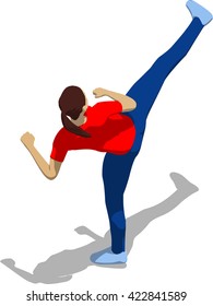 Street fighter kicking with a leg to head. Young athletic woman in red t-shirt and blue tights. 3d flat isometric.