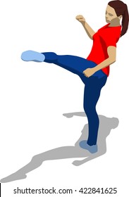 Street fighter kicking with a leg to head. Young athletic woman in red t-shirt and blue tights. 3d flat isometric.