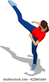 Street fighter kicking with a leg to head. Young athletic woman in red t-shirt and blue tights. 3d flat isometric.