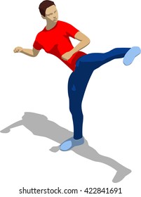 Street fighter kicking with a leg to head. Young athletic woman in red t-shirt and blue tights. 3d flat isometric.