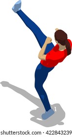 Street fighter kicking with a leg to head. Young athletic woman in red t-shirt and blue tights. 3d flat isometric.