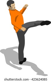Street fighter kicking with a leg to head. Young thin man in orange shirt. 3d flat isometric.
