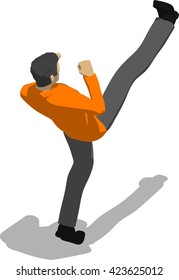 Street fighter kicking with a leg to head. Young thin man in orange shirt. 3d flat isometric.