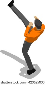 Street fighter kicking with a leg to head. Young thin man in orange shirt. 3d flat isometric.