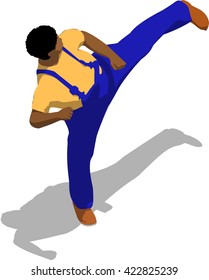 Street fighter kicking with a leg to trunk. African fat man in a blue overalls and a yellow t-shirt. 3d flat isometric.