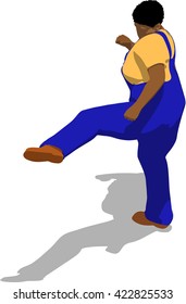 Street fighter kicking with a leg to trunk. African fat man in a blue overalls and a yellow t-shirt. 3d flat isometric.