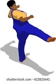 Street fighter kicking with a leg to trunk. African fat man in a blue overalls and a yellow t-shirt. 3d flat isometric.