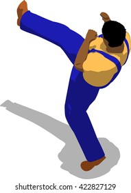 Street fighter kicking with a leg to trunk. African fat man in a blue overalls and a yellow t-shirt. 3d flat isometric.