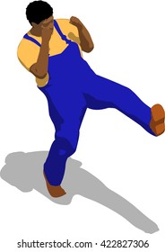 Street fighter kicking with a leg to trunk. African fat man in a blue overalls and a yellow t-shirt. 3d flat isometric.