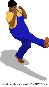 Street fighter kicking with a leg to trunk. African fat man in a blue overalls and a yellow t-shirt. 3d flat isometric.