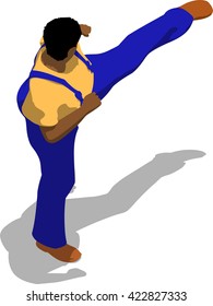 Street fighter kicking with a leg to trunk. African fat man in a blue overalls and a yellow t-shirt. 3d flat isometric.