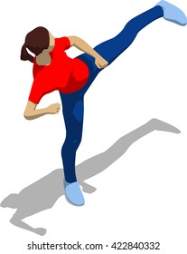 Street fighter kicking with a leg to trunk. Young athletic woman in red t-shirt and blue tights. 3d flat isometric.