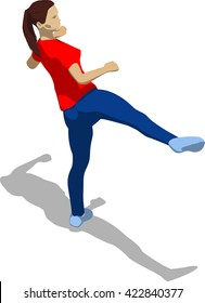 Street fighter kicking with a leg to trunk. Young athletic woman in red t-shirt and blue tights. 3d flat isometric.