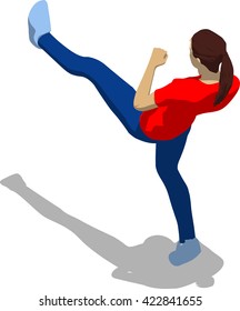 Street fighter kicking with a leg to trunk. Young athletic woman in red t-shirt and blue tights. 3d flat isometric.