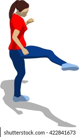 Street fighter kicking with a leg to trunk. Young athletic woman in red t-shirt and blue tights. 3d flat isometric.