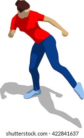 Street fighter kicking with a leg to leg. Young athletic woman in red t-shirt and blue tights. 3d flat isometric.