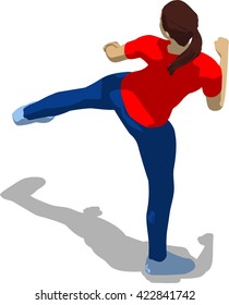 Street fighter kicking with a leg to leg. Young athletic woman in red t-shirt and blue tights. 3d flat isometric.
