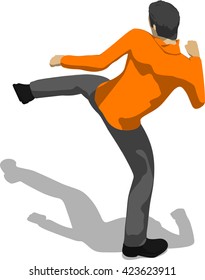 Street fighter kicking with a leg to leg. Young thin man in orange shirt. 3d flat isometric.