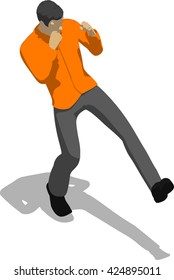 Street fighter kicking with a leg to leg. Young thin man in orange shirt. 3d flat isometric.