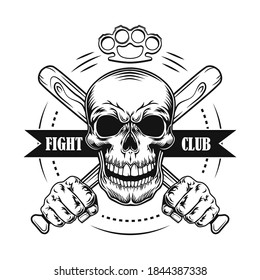 Street Fighter Symbol Vector Illustration. Skull With Crossed Baseball Bats, Knuckle Duster And Text. Fight Club Concept For Community Emblems Or Badges Templates