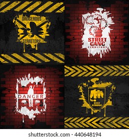 Street fighting compositions with white and yellow combat elements on brick and black backgrounds isolated vector illustration