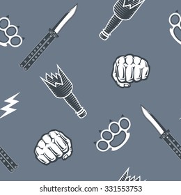 Street fighting vector seamless pattern with brass knuckles, fists, knives and broken bottles.