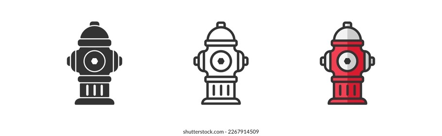 Street fire hydrant icon on light background. Fire symbol. Fireman, firehose, safety, city. Print usage. Outline, flat and colored style. Flat design. 
