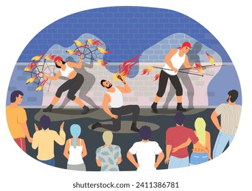 Street fire show entertainment vector illustration. Man and woman creative artist character participating at pyrotechnic urban festival