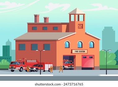 Street fire station. Cartoon city firehouse fireman building exterior, firefighter brigade emergency department garage for firetruck and rescue equipment recent vector illustration