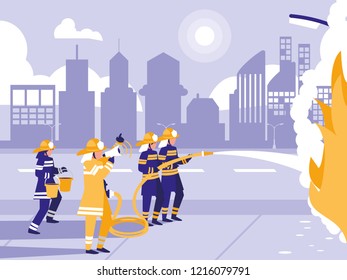 street with firefighters putting out fire