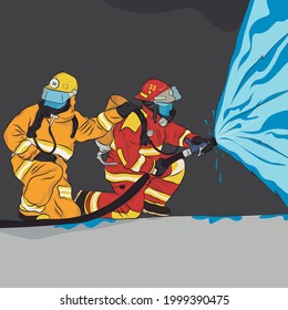 Street with firefighters putting out the fire vector illustration