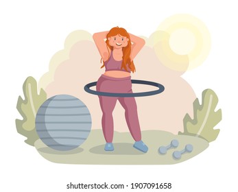 Street fitness. The fat girl twists the hula hoop.