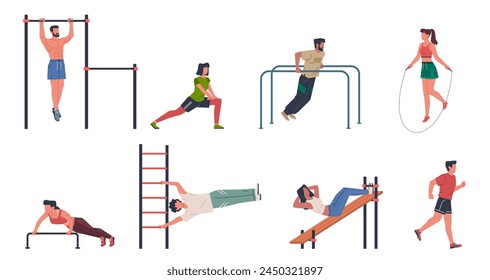 Street fitness people. Outdoor workout, turnstiles on sports ground, athletes develop muscles, toning up body, running, healthy lifestyle cartoon flat style isolated nowaday vector set