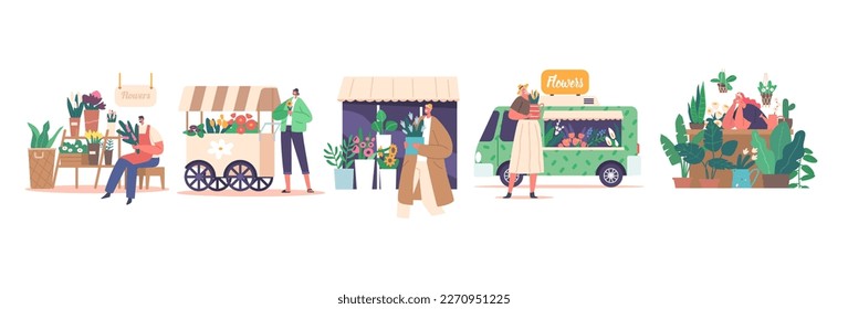 Street Flower Shop With Customers Choosing And Buying Flower Bouquets, Florists Caring Of Plants, Making Compositions