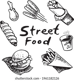 Street fodd icons - set of black and white images. Hot dog, wrap, french fries, burger, coffee, chicken. Isolated elements on white background. Vector illustration made after hand drawn sketch.
