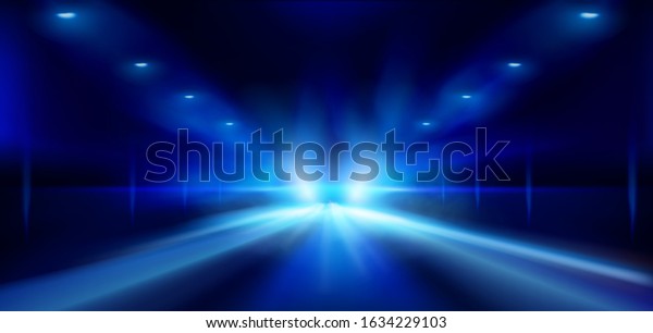 Street in\
the fog at night. Spotlights on dark background. Abstract blue\
background. Show on stage. Vector\
illustration.