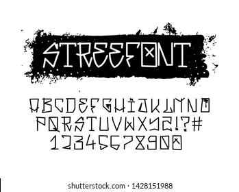 Street font, graffiti alphabet. Vector Handwritten typography. Urban tag font, street tags, trendy street symbols and numbers, gangster tags. Vector isolated set