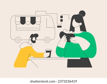 Street food abstract concept vector illustration. City food truck, public place, market and fair, quick snack, try new taste, travel guide, original recipe, public health abstract metaphor.