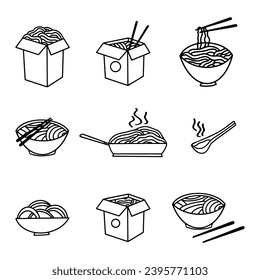 Street food. asian ramen bowl and box of noodle soup. Vector food icons. Emblems for Asian cuisine wok dishes menu