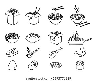 Street food. asian ramen bowl and box of noodle soup. Vector food icons. Emblems for Asian cuisine wok dishes menu