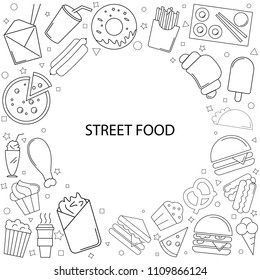 Street food background from line icon. Linear vector pattern