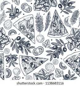 Street food background. Linear graphic. Snack collection. Junk food. Engraved seamless pattern. Vector illustration