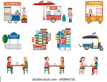 Street Food in Bangkok elements in flat cartoon design , all isolated on white background, illustration, vector