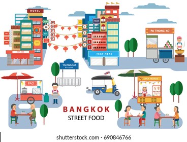 Street Food in Bangkok , Thailand, with cartoon flat design style , illustration, vector