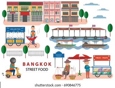 Street Food in Bangkok , Thailand with cartoon flat design style on white background, illustration, vector
